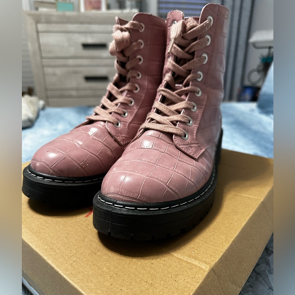 132. Pink Croc-Embossed Lace-Up Boots by Sugar